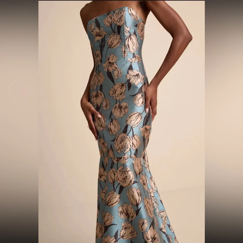 Gowning Around Slate Blue Floral Jacquard Strapless Maxi Dress - Picture 2 of 9